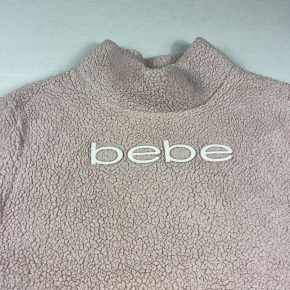 Bebe Logo Sherpa Sweater Pink Cozy Soft Casual Logo Plush Y2K Pullover MEDIUM - Picture 3 of 10
